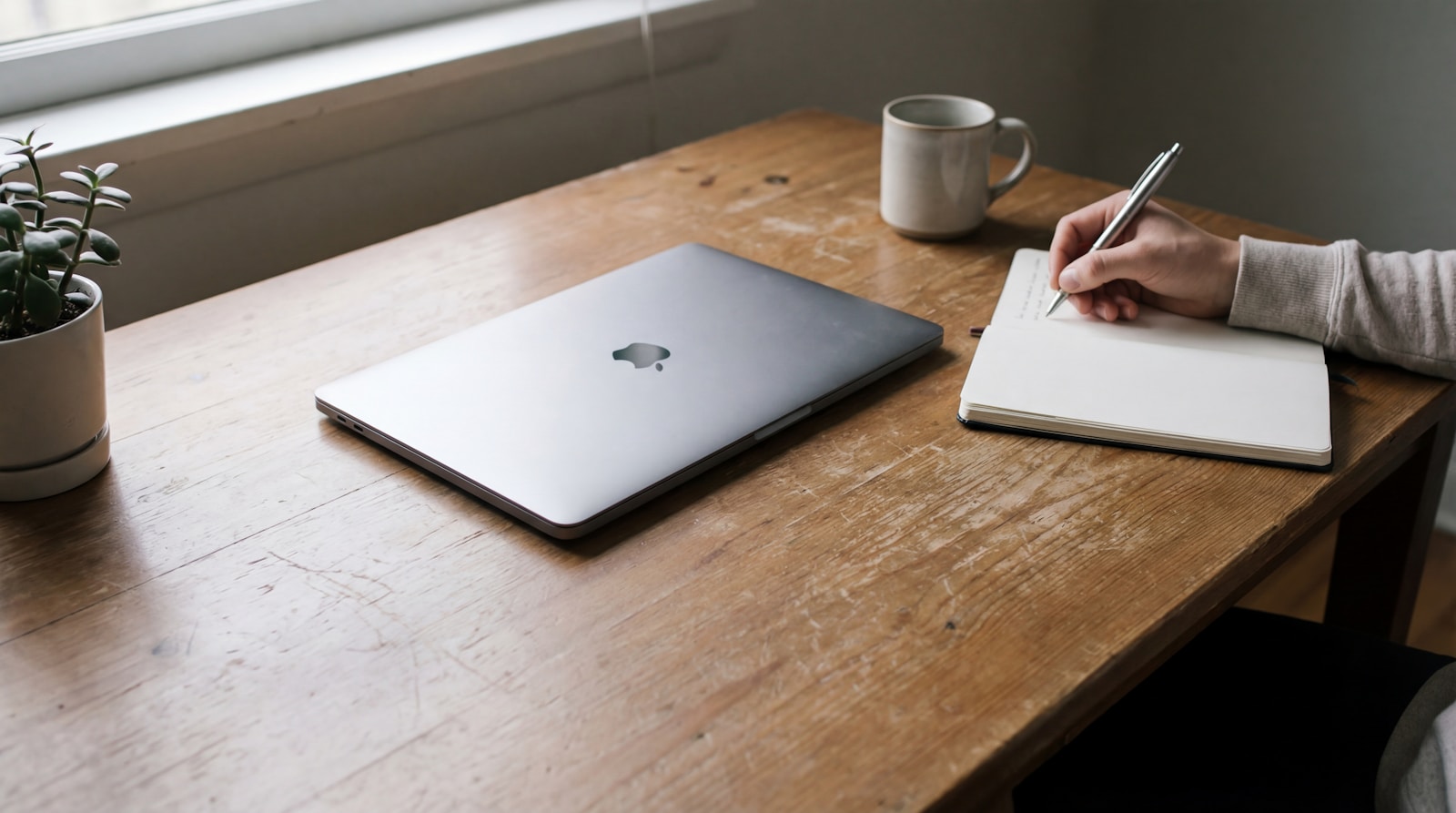 A laptop, notebook, plant, and coffee mug on a wooden desk in natural light.