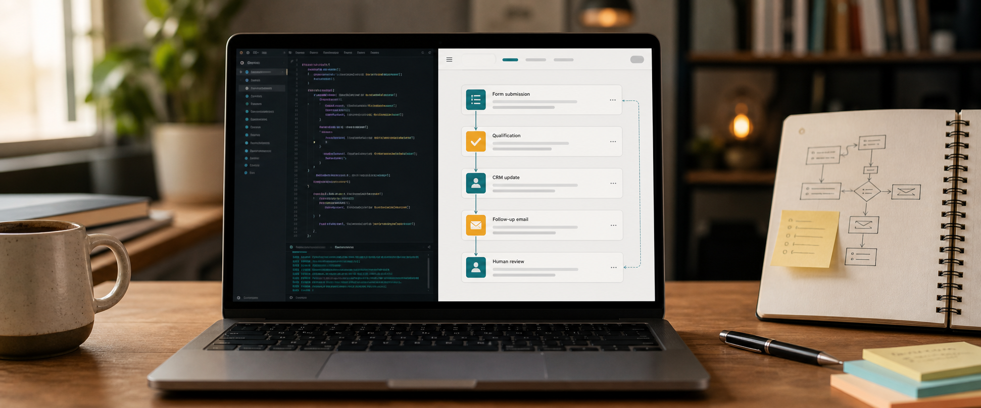 A laptop showing code alongside an automation workflow for form submission, qualification, CRM update, follow-up, and human review.