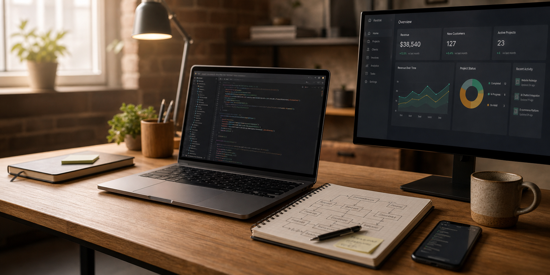 A warm engineering workspace with a laptop showing code, a dashboard monitor, and process notes on a desk.