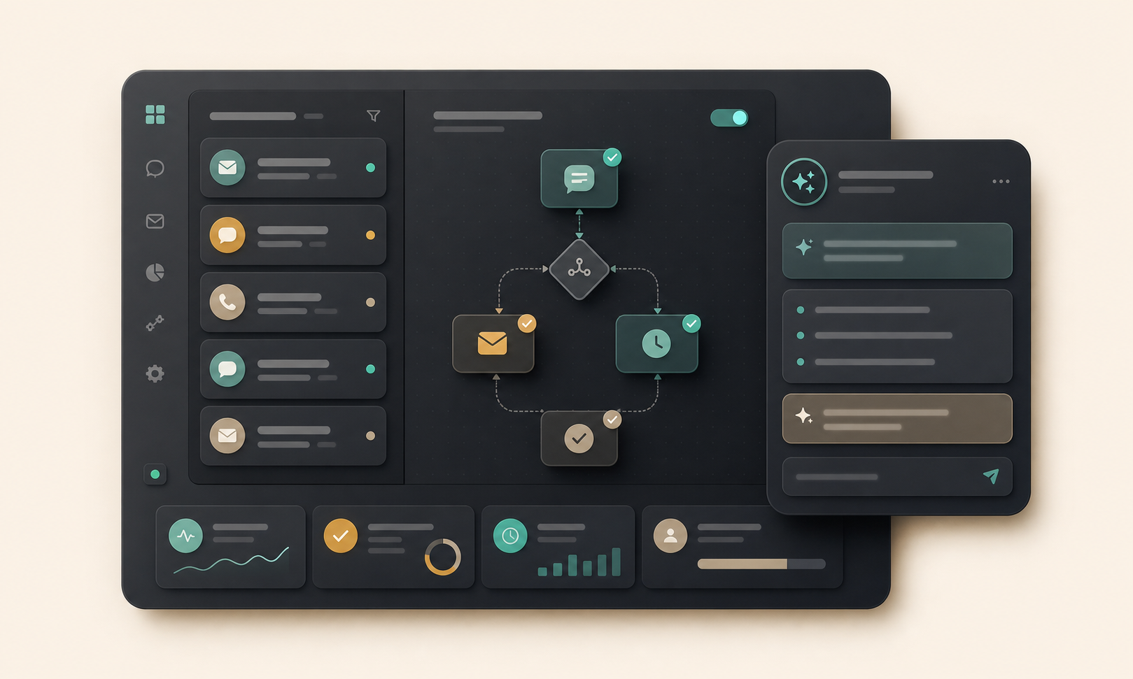 A clean automation dashboard with customer inquiry cards, workflow nodes, and an assistant panel.