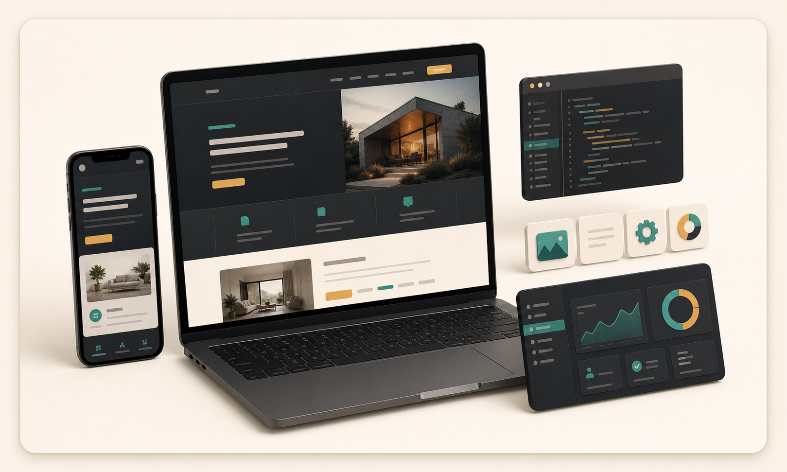 Responsive website and software mockups shown across laptop, phone, code editor, and dashboard panels.